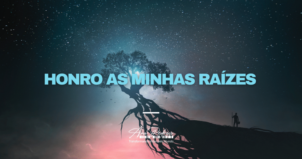 Árvore com raízes expostas sob um céu estrelado, simbolizando ligação à essência e à história pessoal