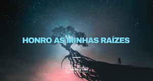 Árvore com raízes expostas sob um céu estrelado, simbolizando ligação à essência e à história pessoal